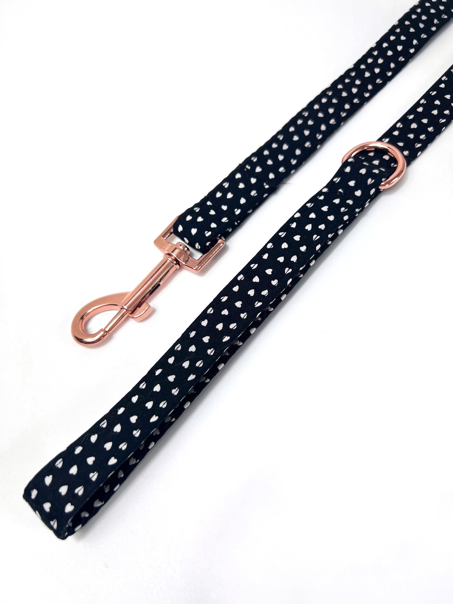 Black, white and rose gold heart print dog lead