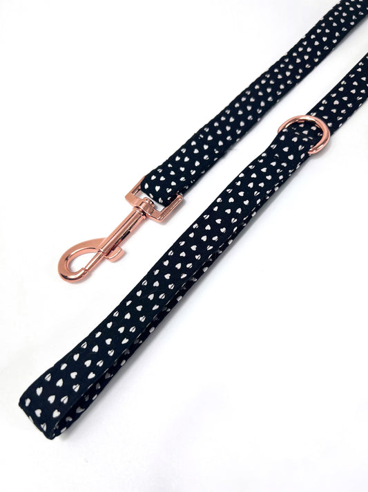 Black, white and rose gold heart print dog lead