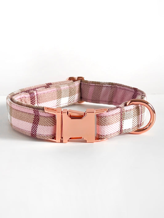 Pink tartan and rose gold dog collar