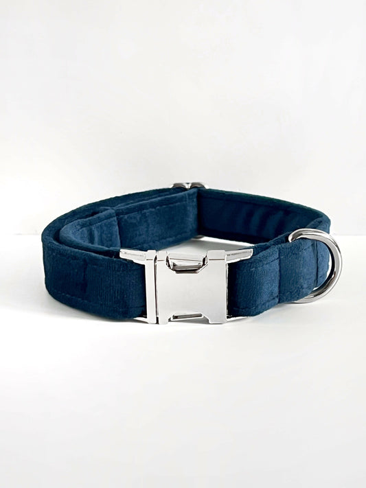 Dark blue velvet and silver metal dog collar