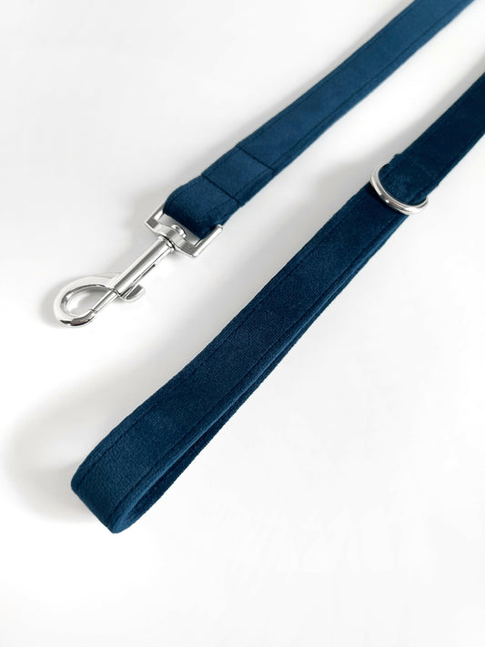 Navy blue and silver velvet dog lead
