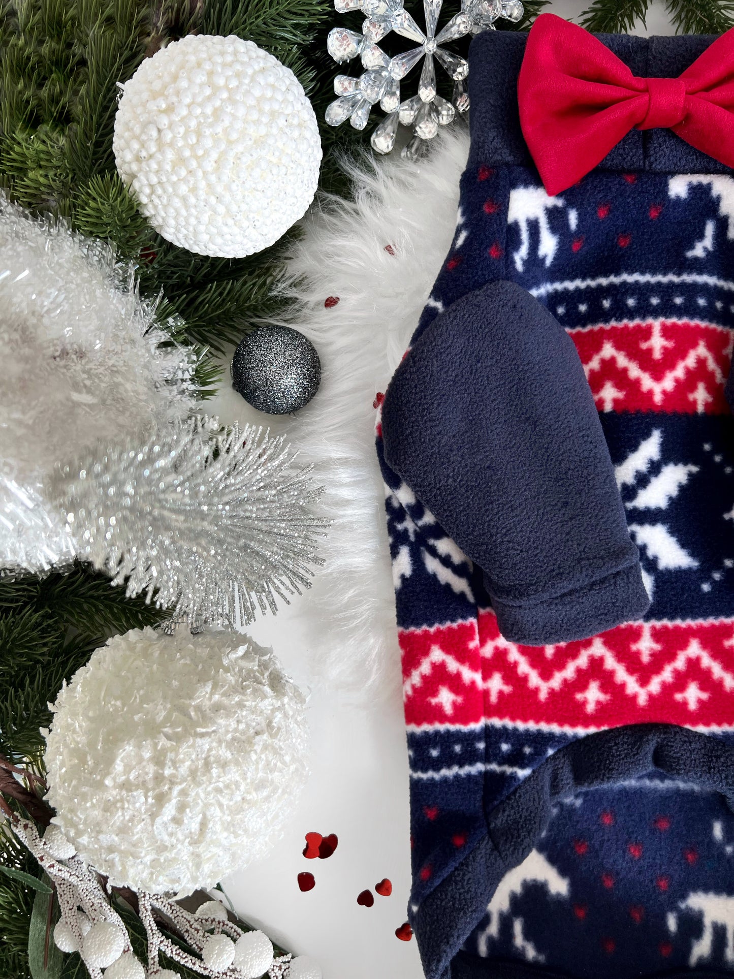 Side view of navy chritsmas fleece