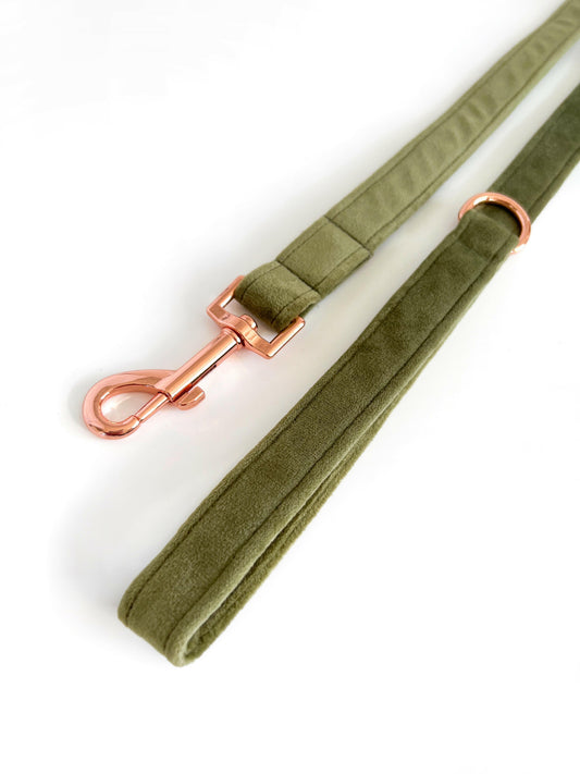 Green and rose gold velvet dog leads