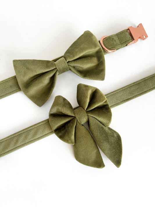 Olivine green velvet bow tie and sailor bow