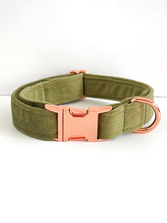 Olive green velvet and rose gold dog collar