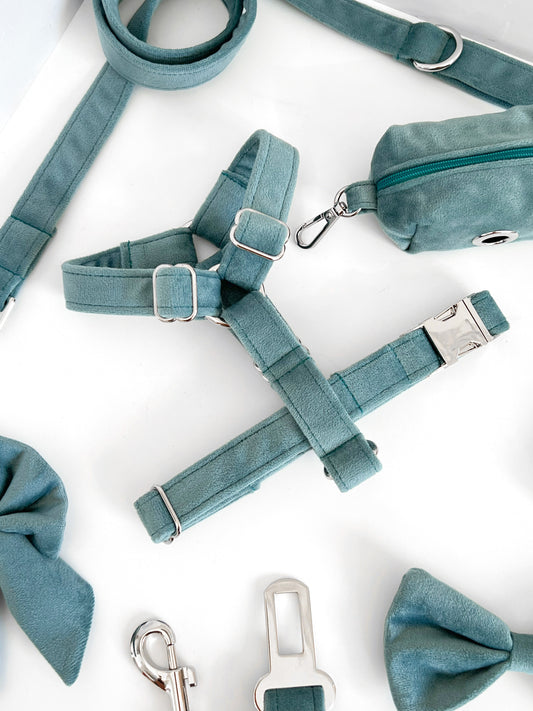 Teal blue velvet dog harness