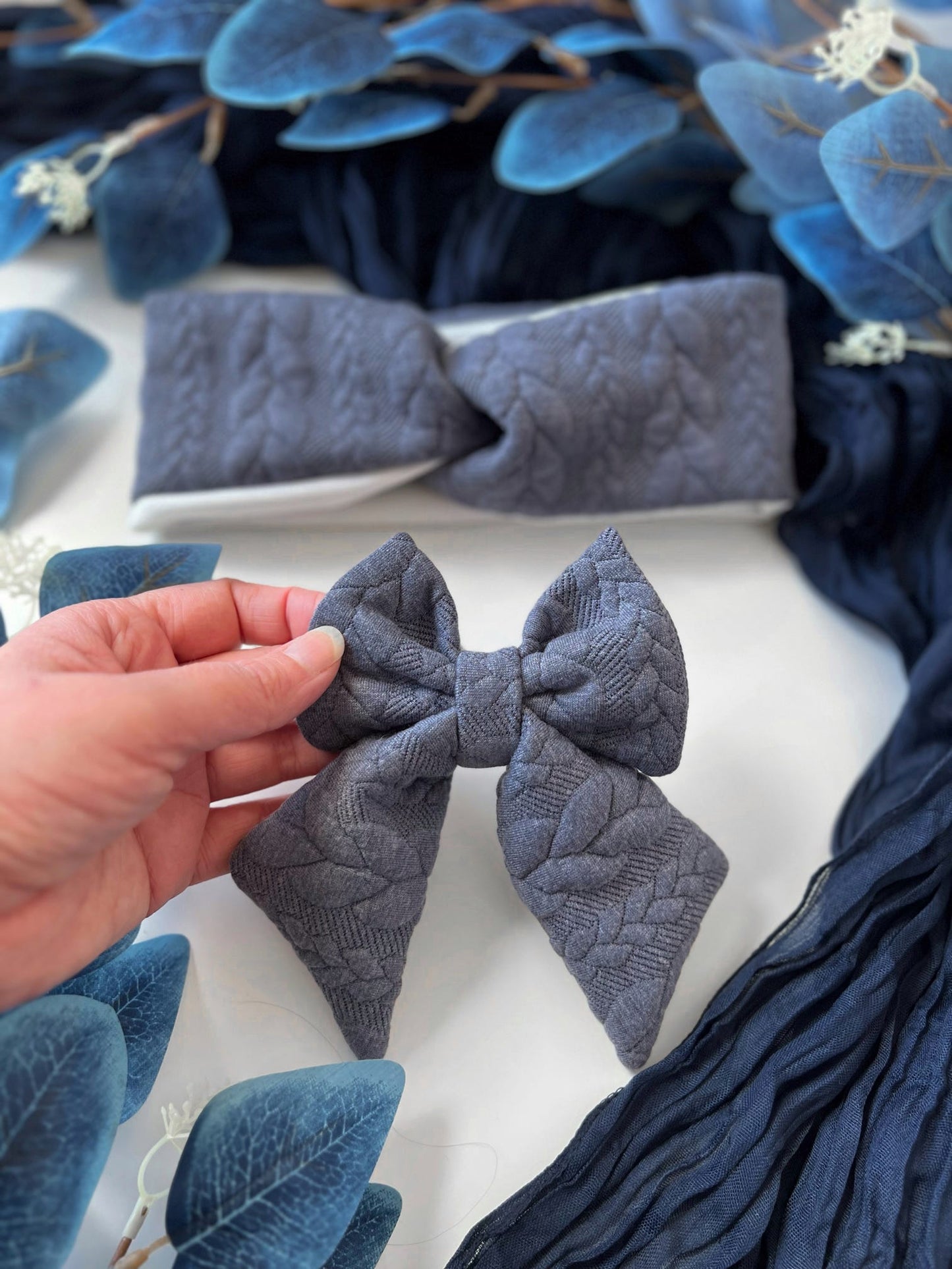 Custom Made | Sailor Bow - Denim Blue Cable Knit
