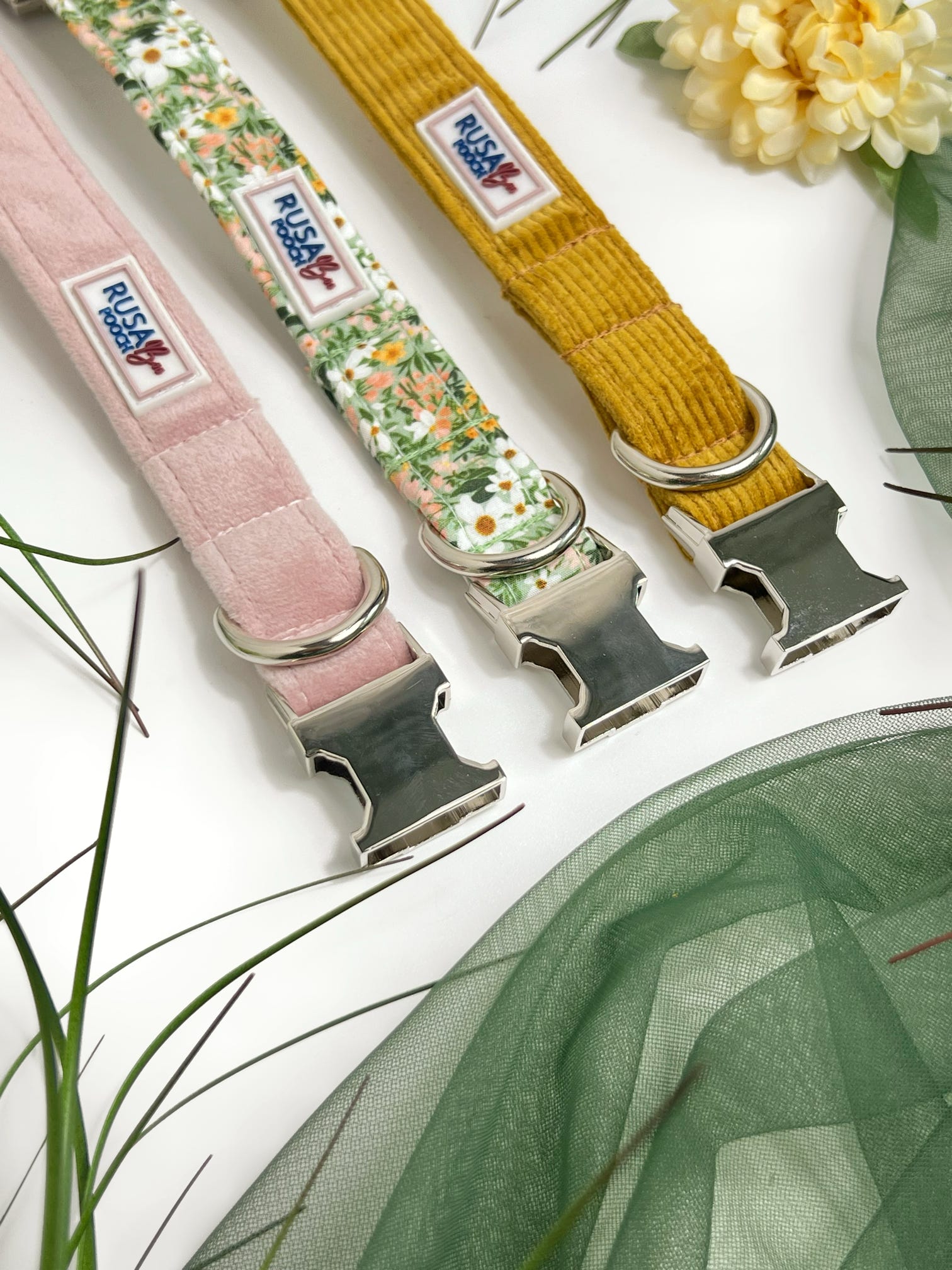 Pink velvet, green floral and mustard cordrouy dog collars