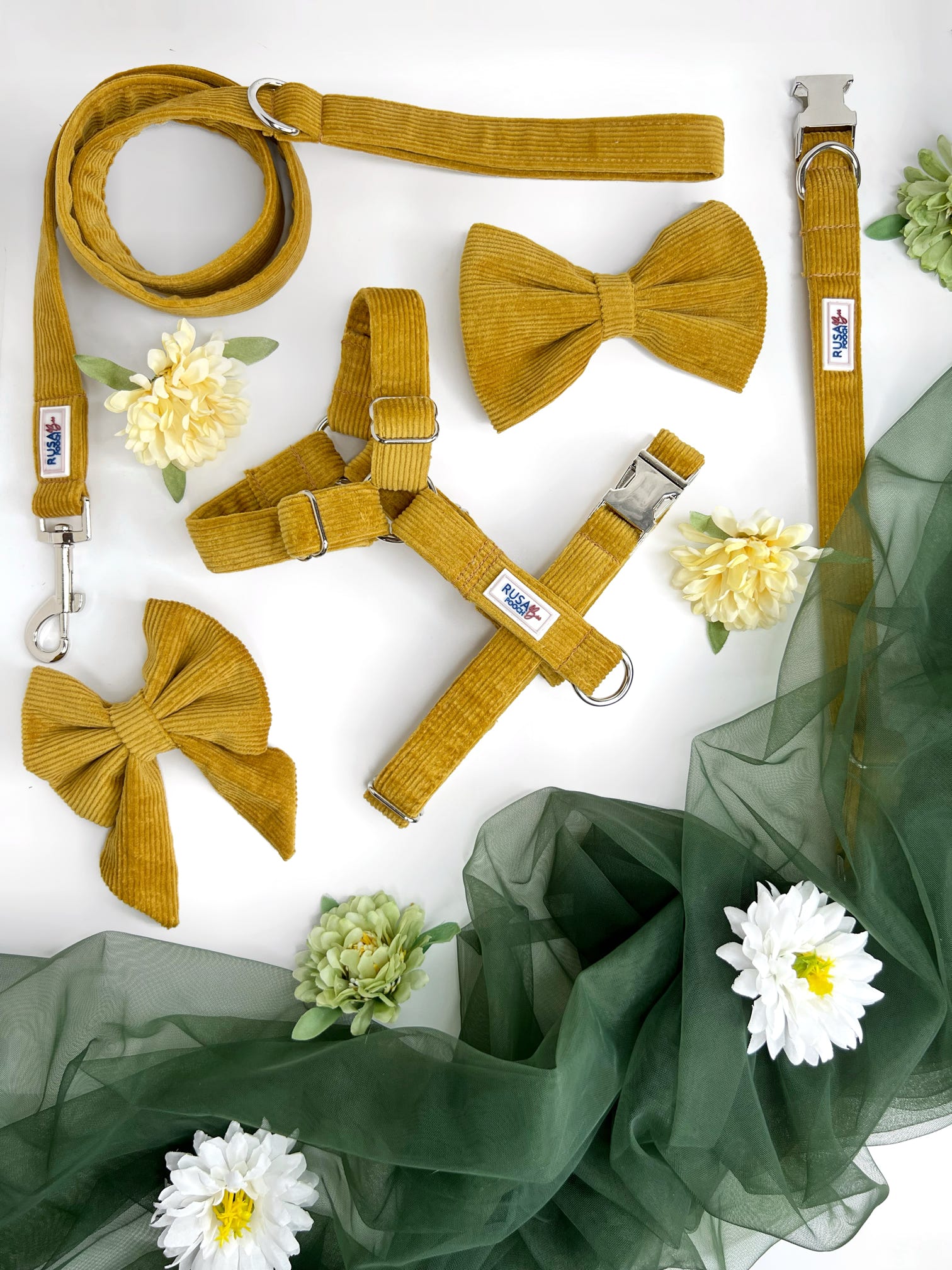 Mustard cordrouy harness, collar, lead and bows