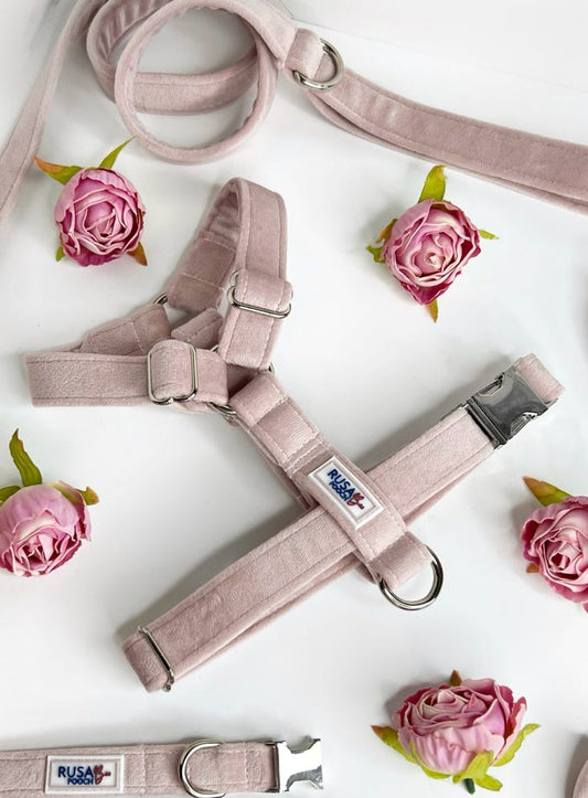 Close up of peony pink velvet harness