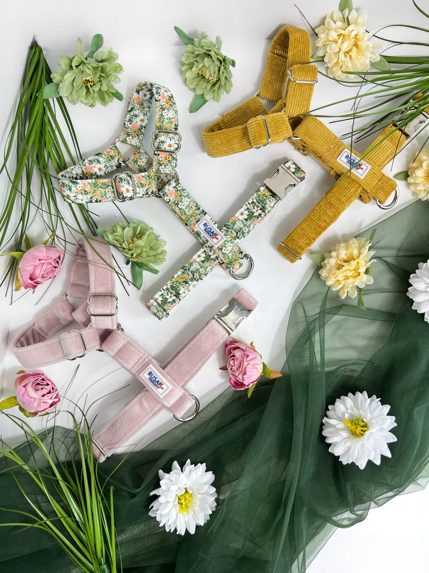 Pink velvet, green floral and mustard cordrouy dog harnesses