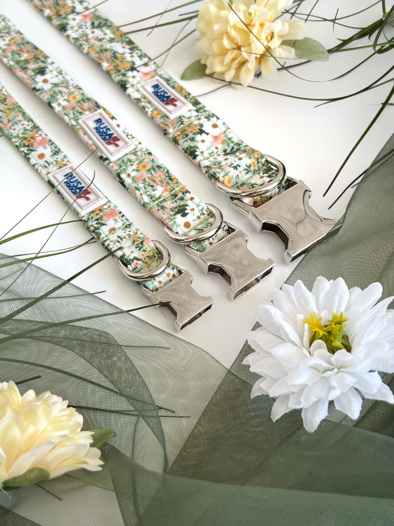 Trio of our green flowery collars thick and thin widths