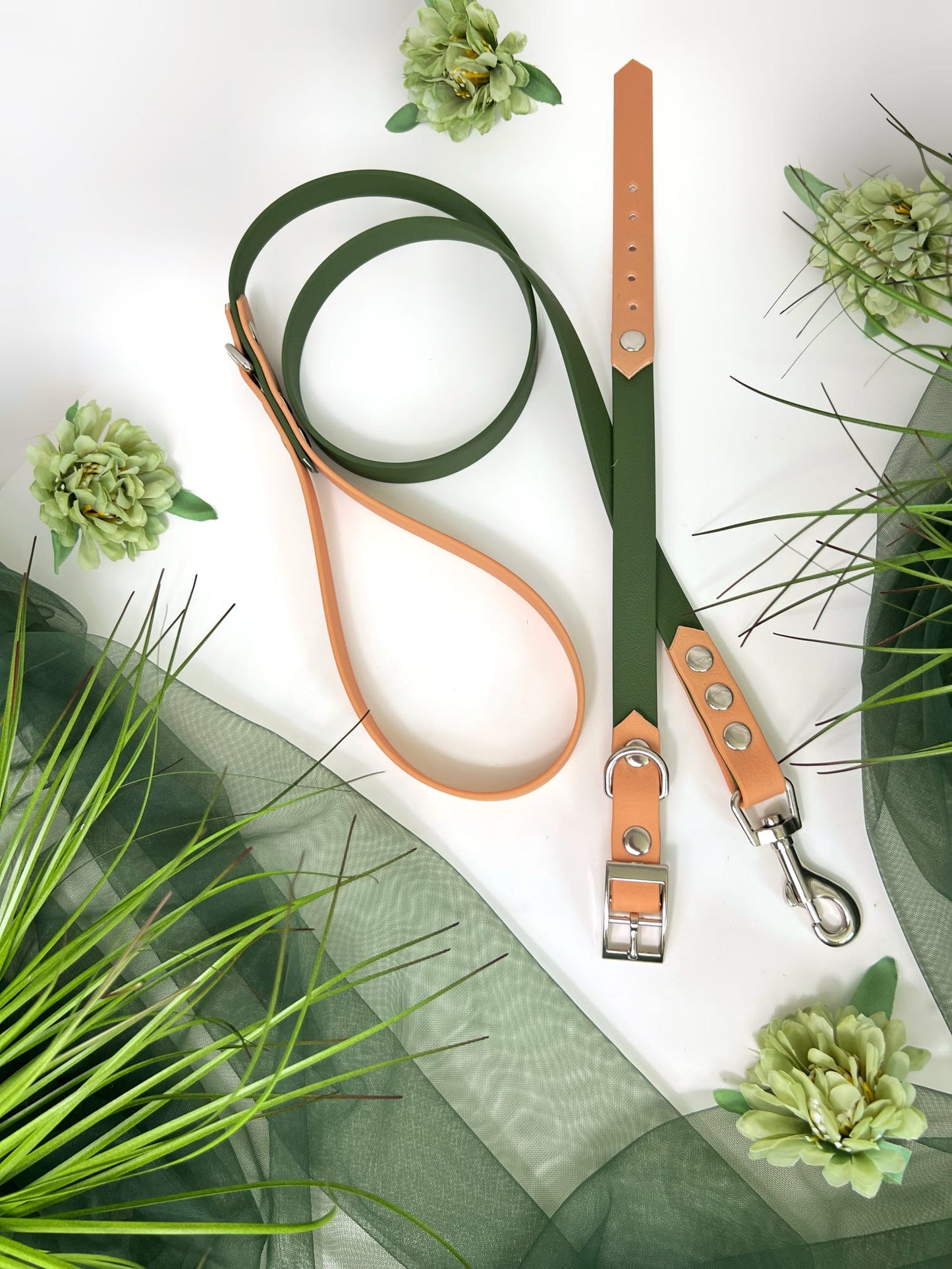 Peach and green matching waterproof collar and lead