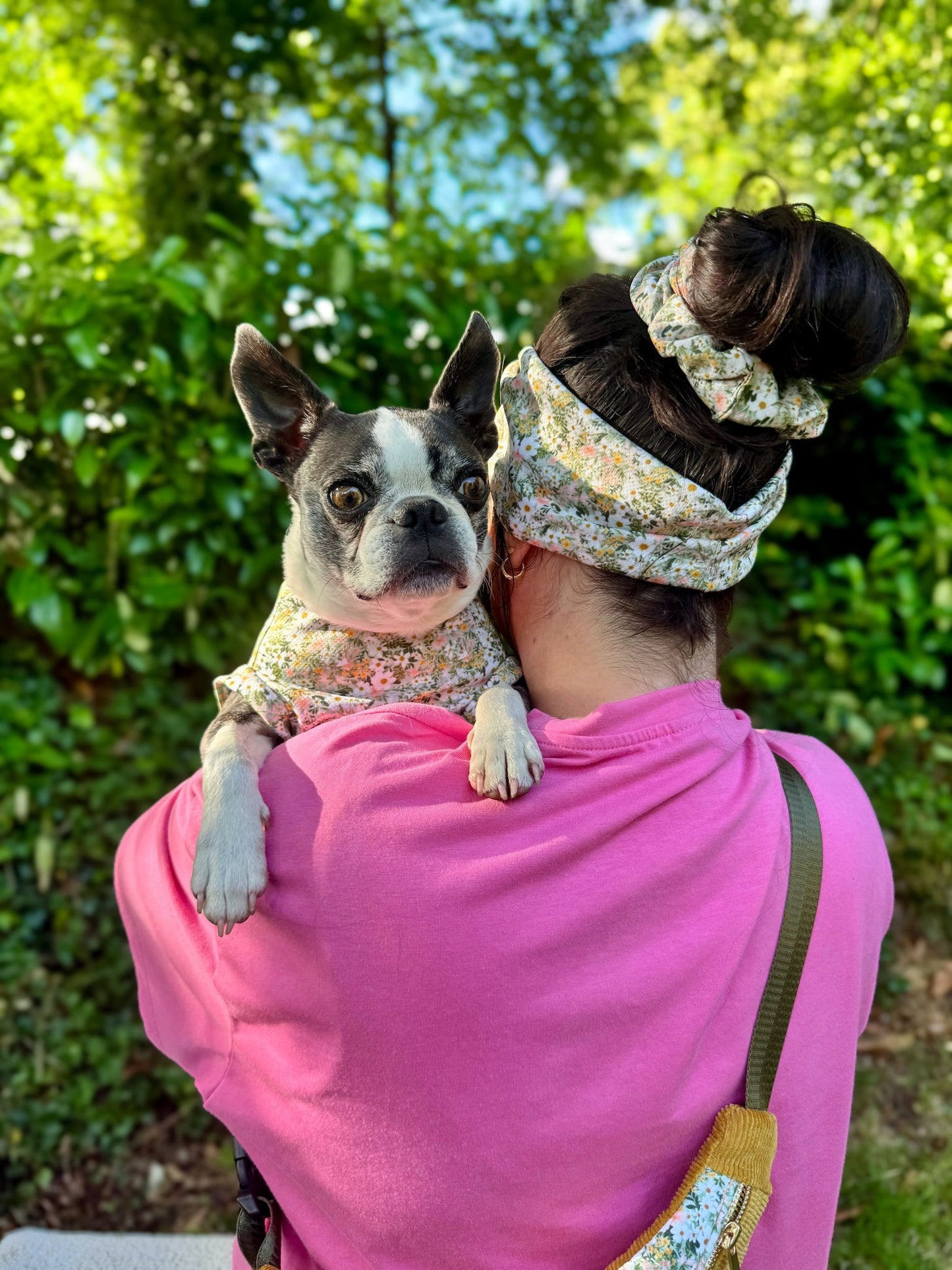 Matching green floral dog cooling tee, headband and scrunchie