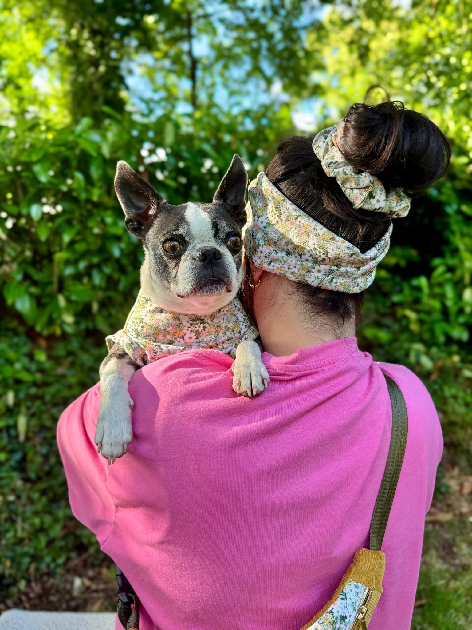 Matching green floral dog cooling tee, headband and scrunchie