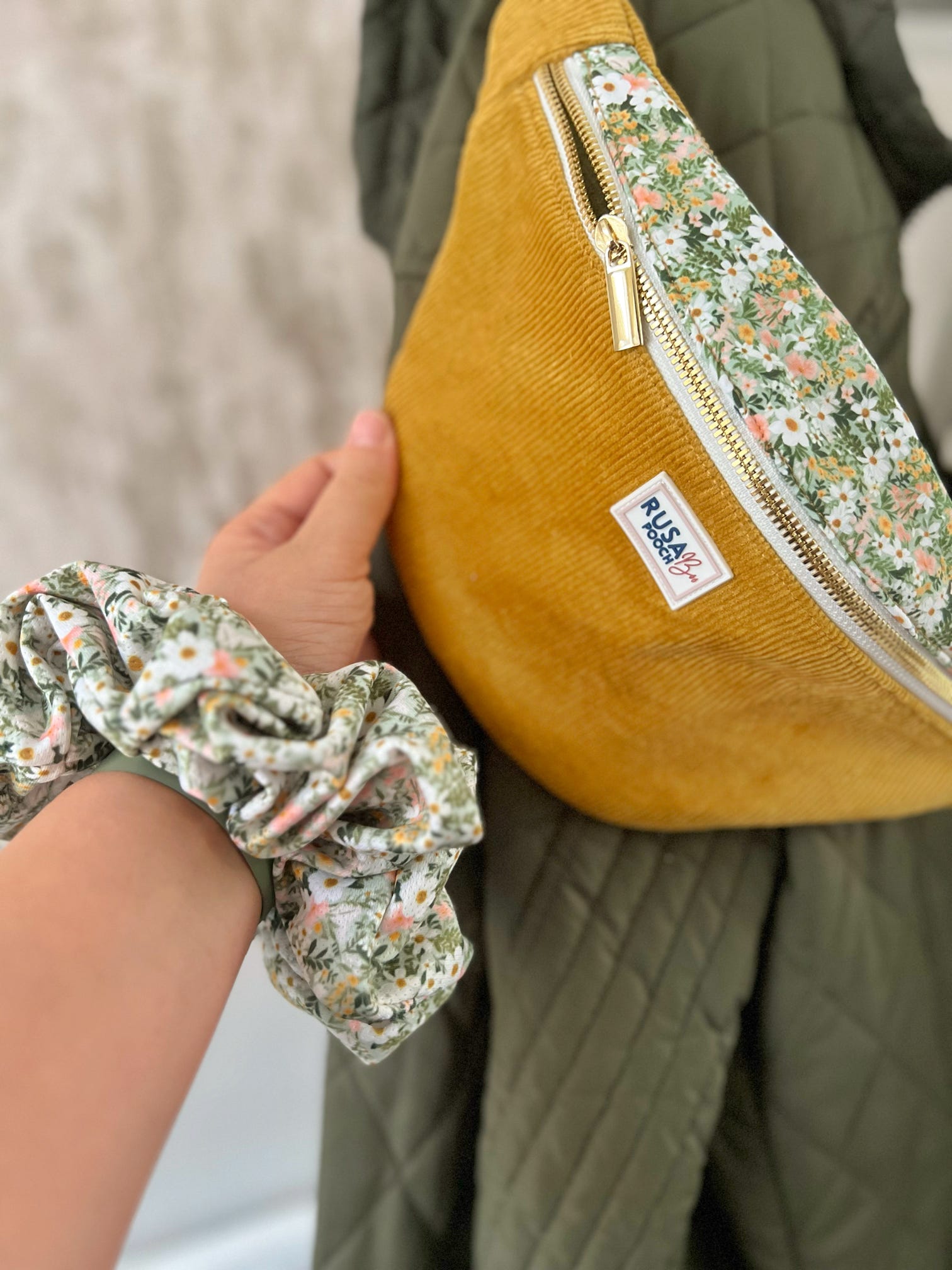 Mustard dog walking bag and green floral scrunchie