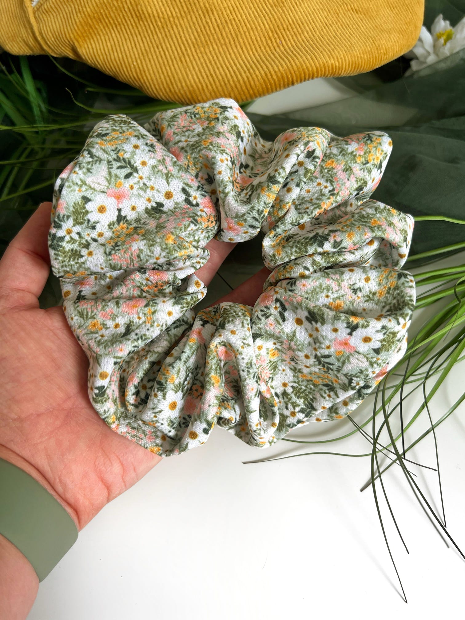 Big green flowery statement scrunchie for girls
