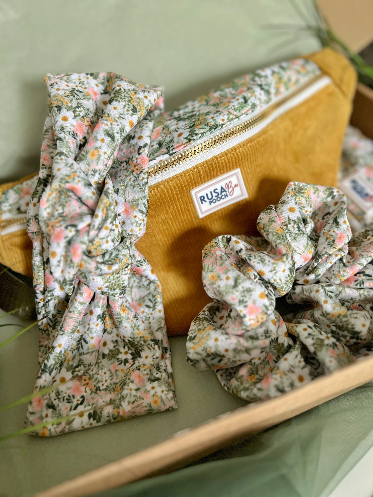Customer order - green flowery dog walking bag, scrunchie & headband 