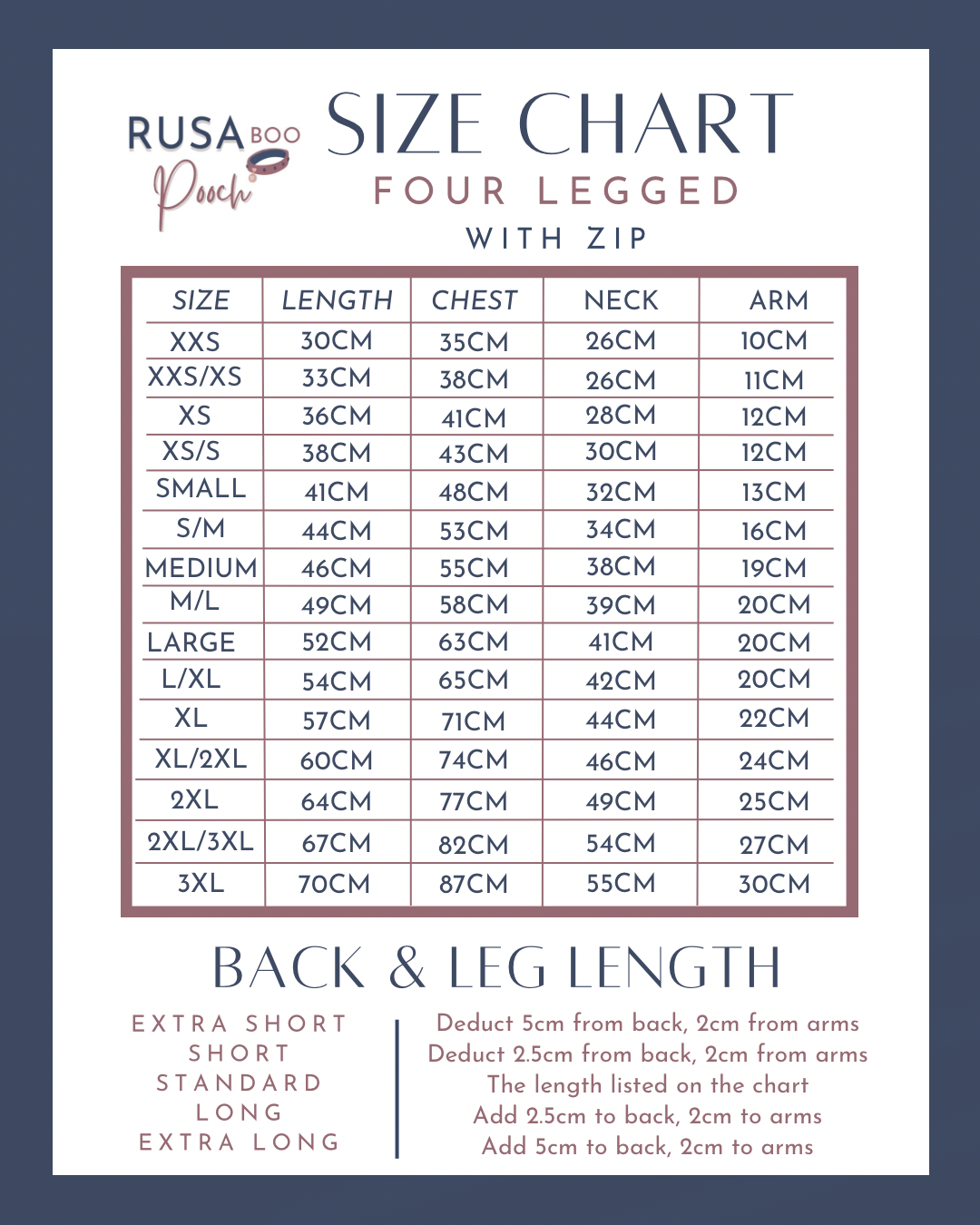 Size guide for fleeces with zips