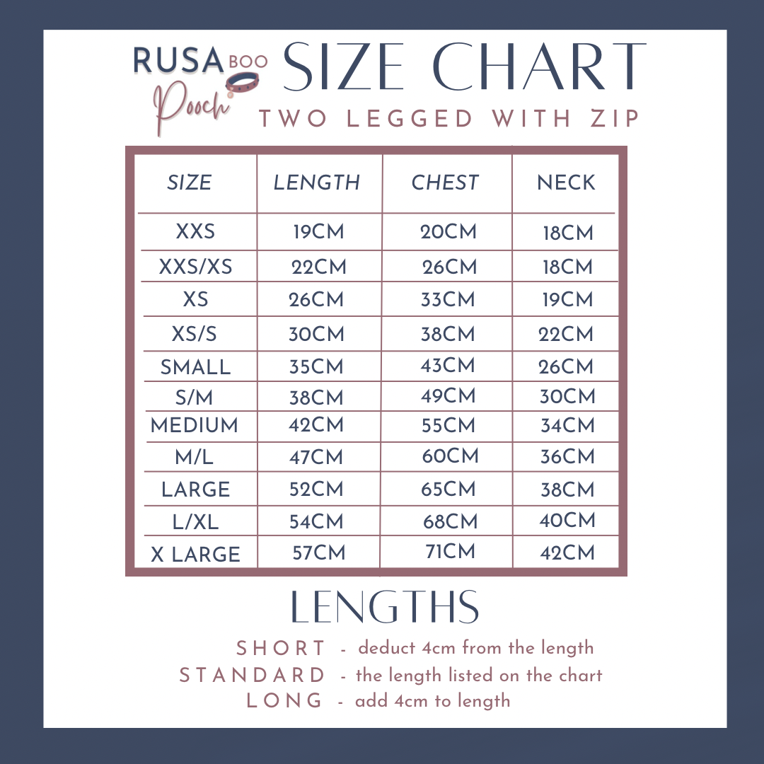 Size guide for two legged fleece with zip