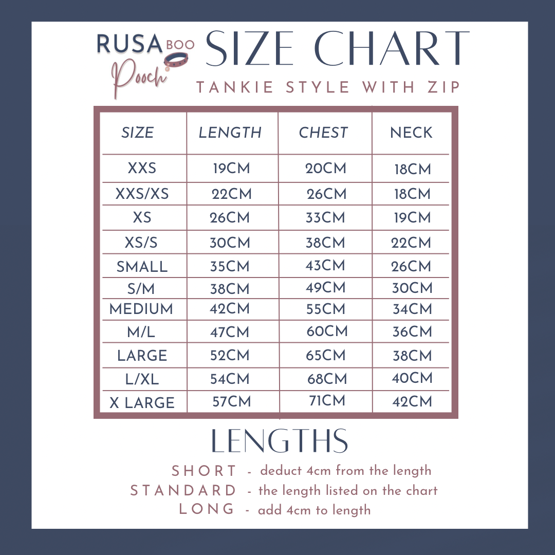 Size guide for tankie fleeces with zips