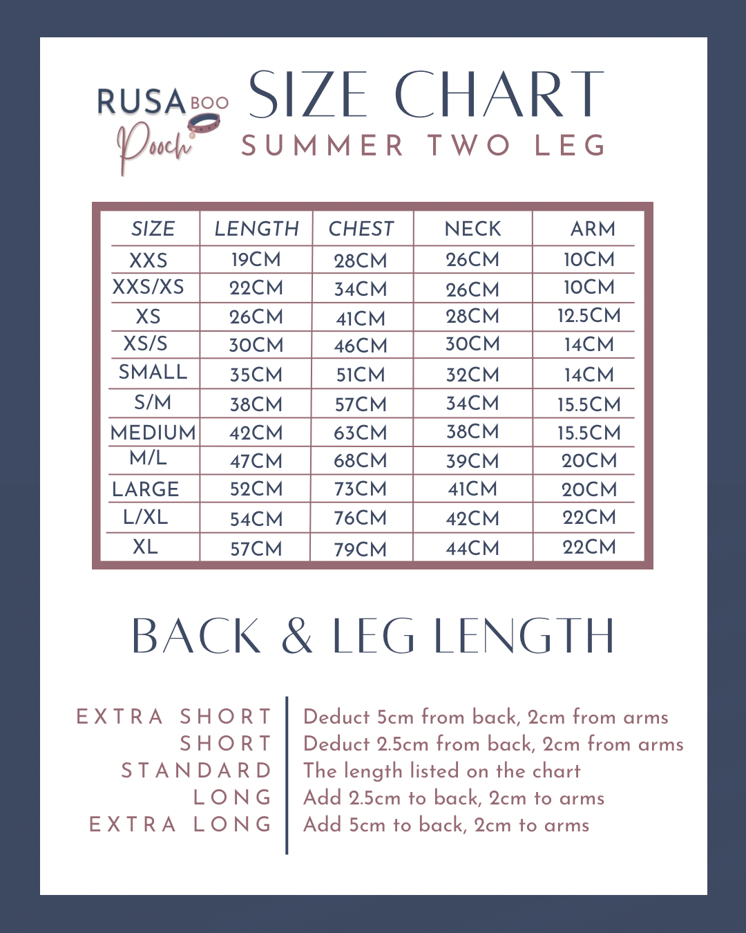 Size guide for our two legged summer protection tees