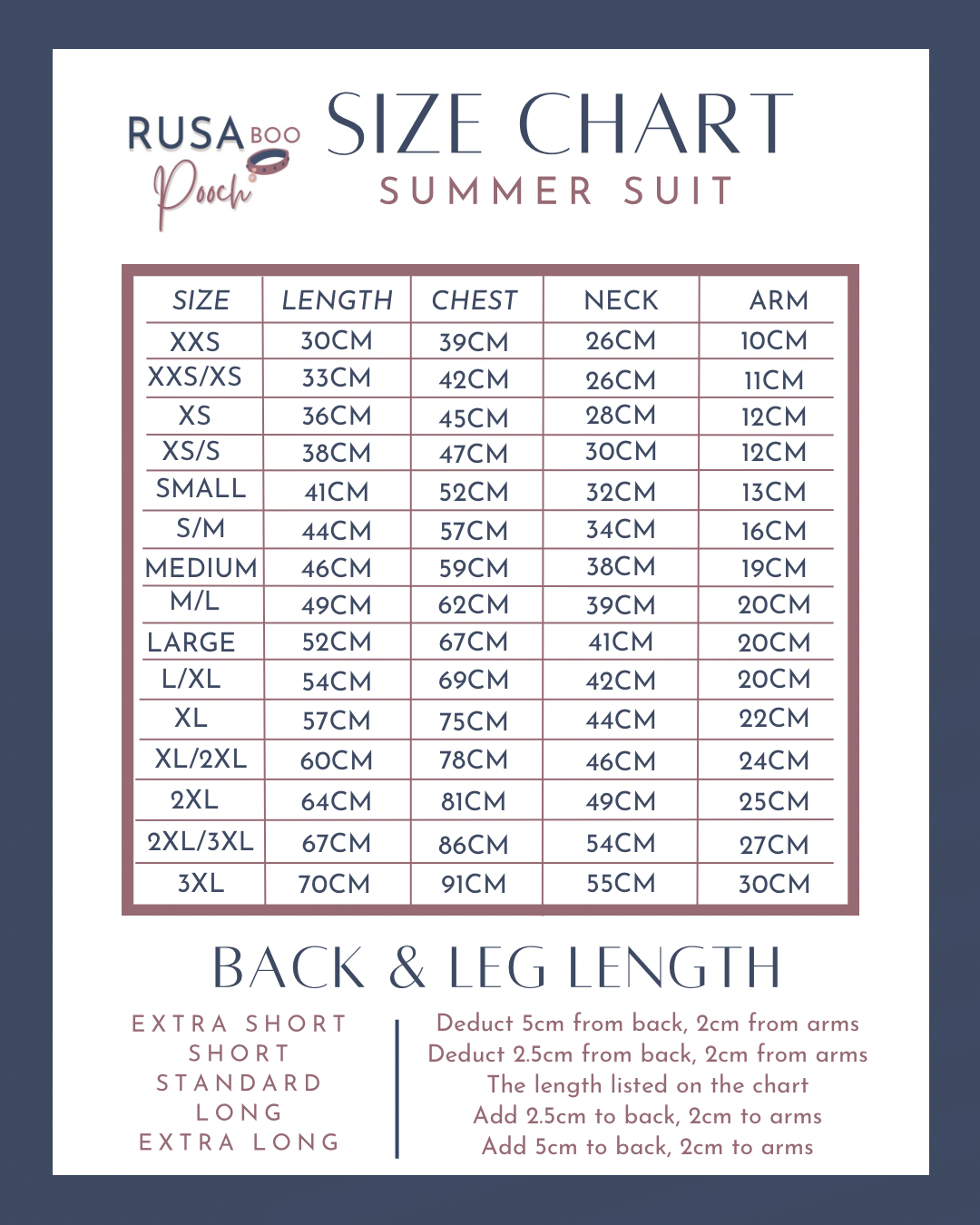 Size chart for out summer suits