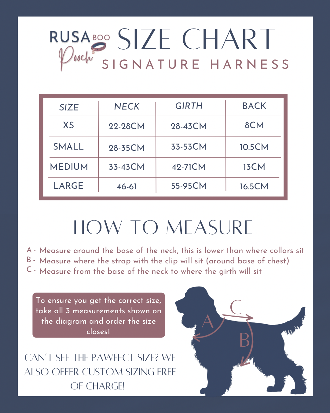 Size guide for our signature strap harnesses