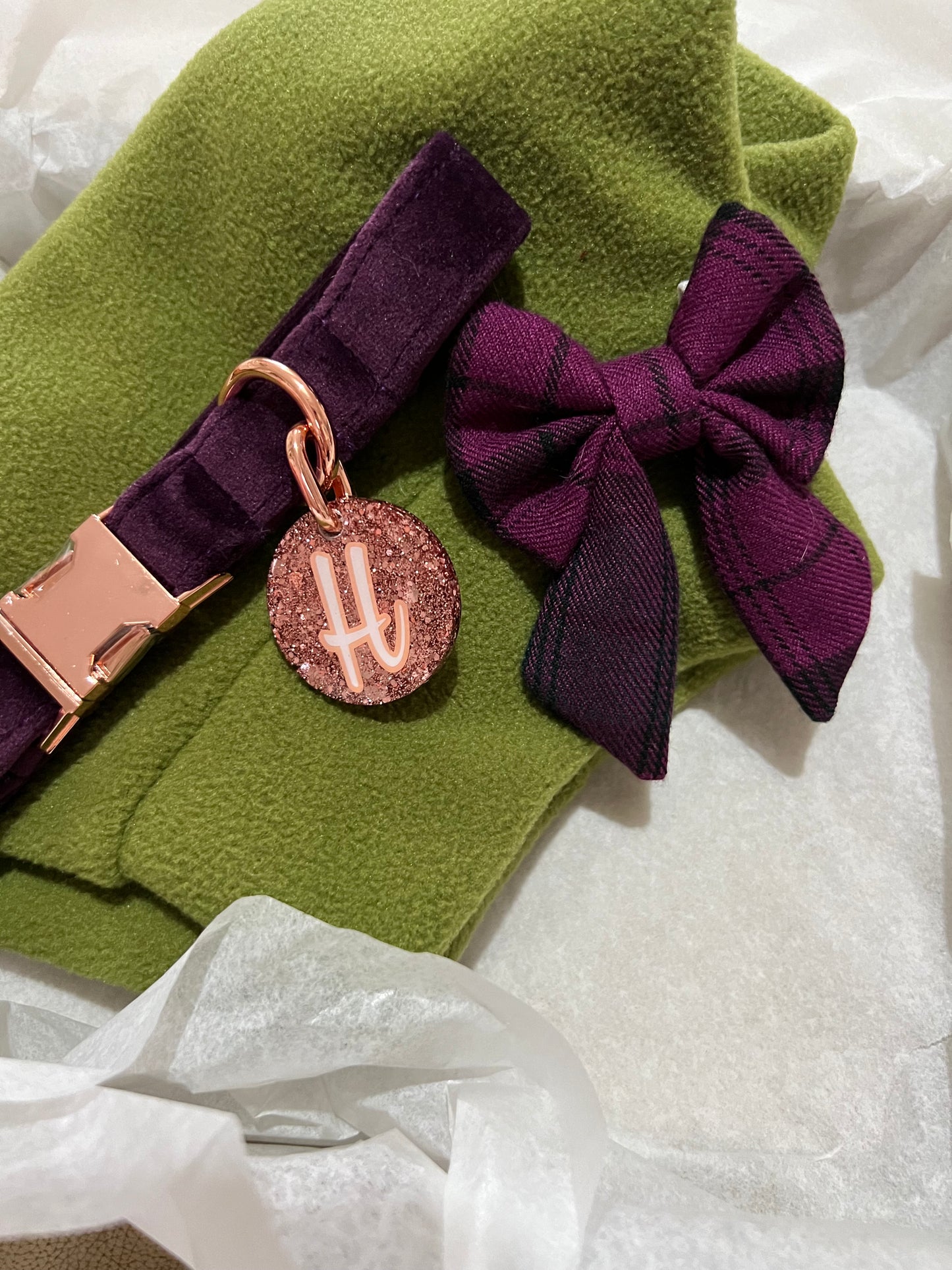 Customer order - olive fleece and purple tartan accessories